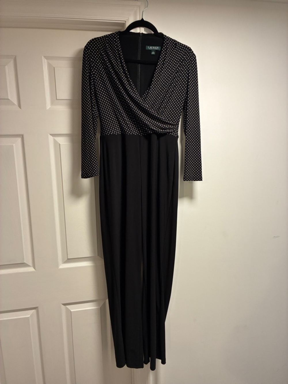 Lauren Ralph Lauren Black and White Polka Dot Long-Sleeve Jumpsuit